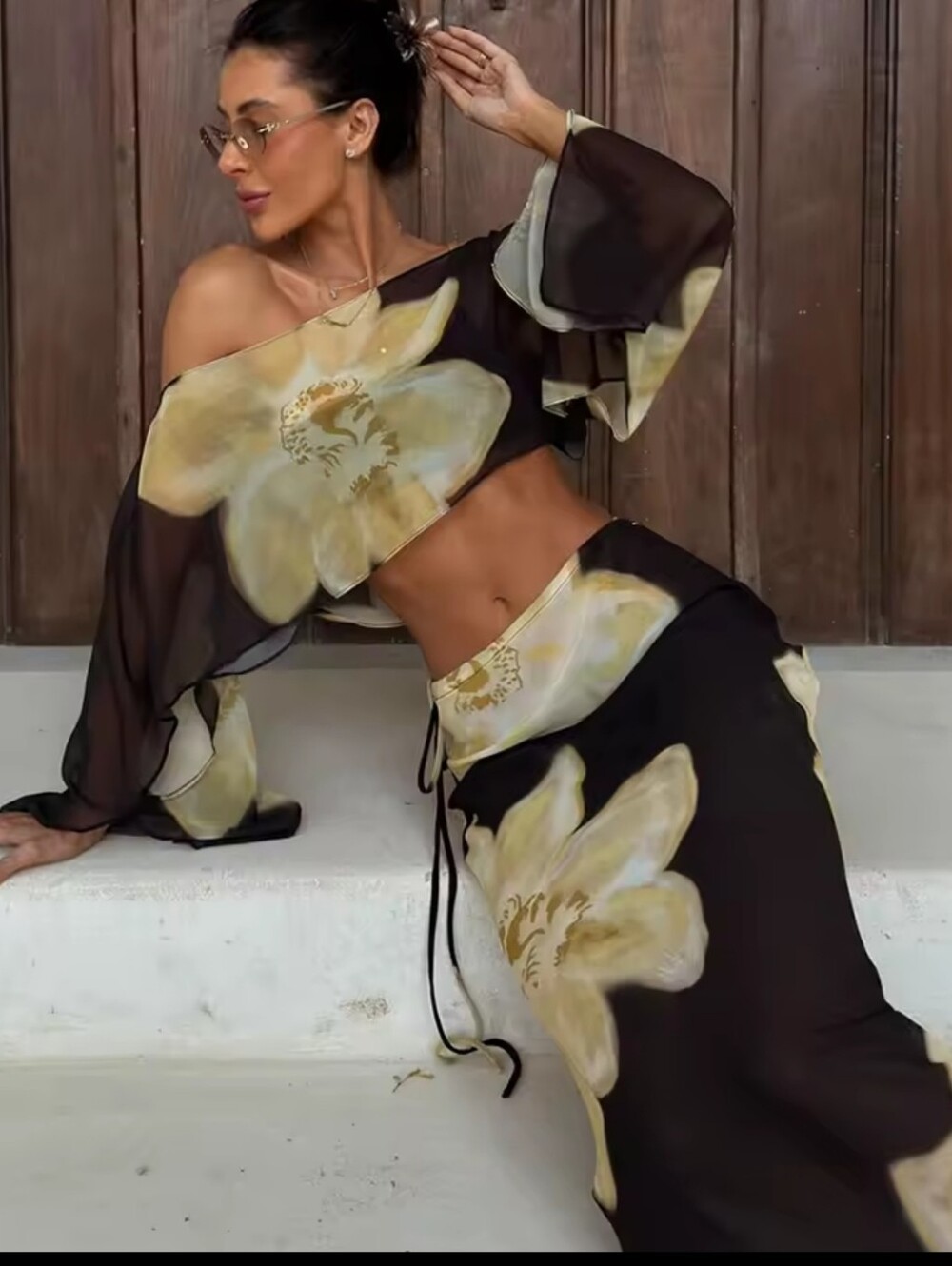 Floral Print 2 Piece Set See Through Woman Skew Collar Full Sleeve Crop Tops+Ski
